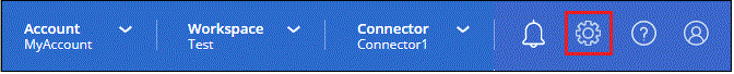 Una schermata che mostra l’icona Settings (Impostazioni) in alto a destra della console BlueXP.