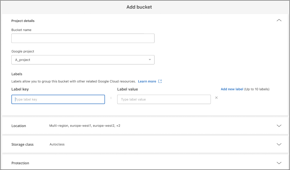 Una schermata che mostra la pagina Add Bucket (Aggiungi bucket) per creare il tuo bucket Google Cloud Storage personalizzato.