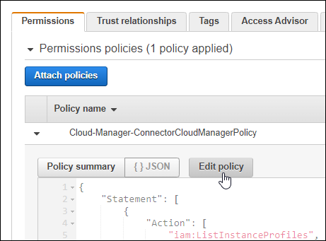 Una schermata della console AWS che mostra il pulsante Edit policy (Modifica policy) nella scheda Permissions (autorizzazioni).