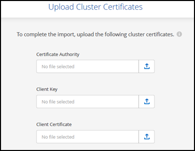 Una schermata della schermata di caricamento del certificato del cluster.