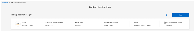 Pagina destinazioni di backup opzione Impostazioni