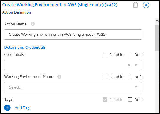 Una schermata che mostra un modello di ambiente di lavoro Cloud Volumes ONTAP vuoto da compilare.