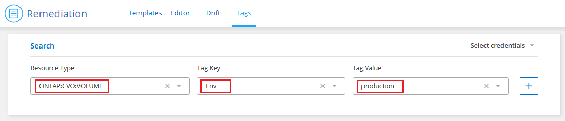 Una schermata che mostra la selezione di un singolo set di criteri di ricerca per restituire una risorsa con una chiave tag e un valore tag specifici.