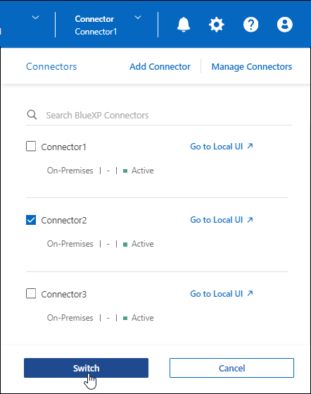 Una schermata che mostra l'icona del connettore nell'intestazione e l'azione Switch.