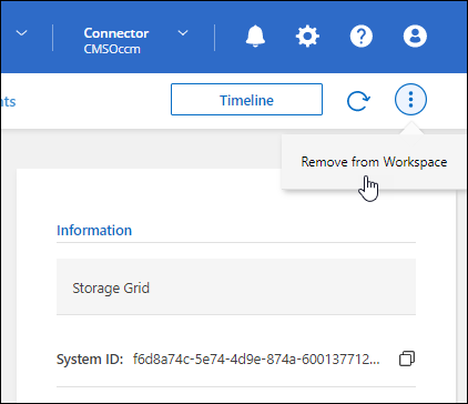 Una schermata dell’opzione Remove from Workspace (Rimuovi dall’area di lavoro) disponibile nel menu in alto a destra dell’ambiente di lavoro.