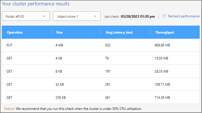 Una schermata dei risultati delle performance del cluster per un Cloud Performance Test.