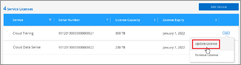 Schermata che mostra la selezione del pulsante Update License (Aggiorna licenza) per un determinato servizio.