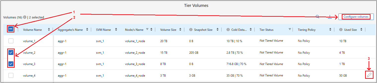 Una schermata che mostra come selezionare un singolo volume, più volumi o tutti i volumi e il pulsante Modify Selected Volumes (Modifica volumi selezionati).