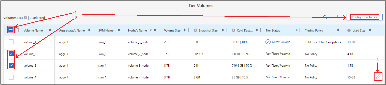 Una schermata che mostra come selezionare un singolo volume, più volumi o tutti i volumi e il pulsante Modify Selected Volumes (Modifica volumi selezionati).