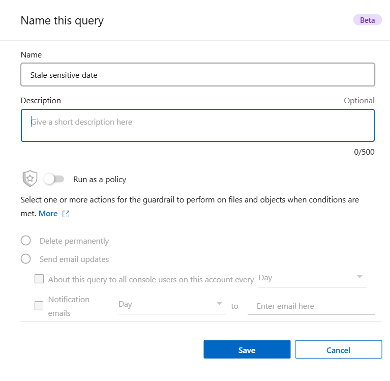 Uno screenshot che mostra come configurare la query salvata e salvarla.