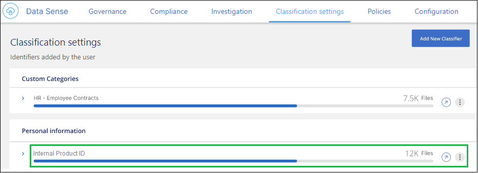 Una schermata che mostra i risultati dell'aggiunta di un nuovo classificatore regex al sistema con scansione in corso.