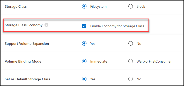 Una schermata che mostra l'opzione di risparmio dello storage durante la configurazione di una classe di storage K8s a blocchi o file.
