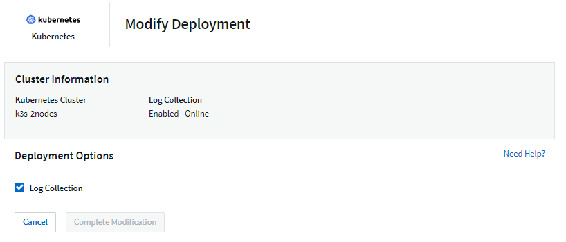 Schermata Modify Deployment (Modifica distribuzione) che mostra la casella di controllo per "log Collection"
