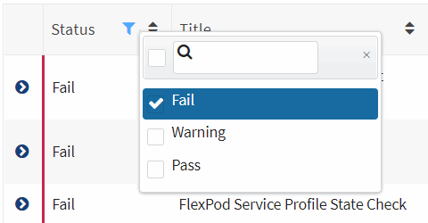 Mostra l’icona del filtro che consente di filtrare la tabella in modo da visualizzare solo le regole che hanno superato, non riuscito o includono avvisi.