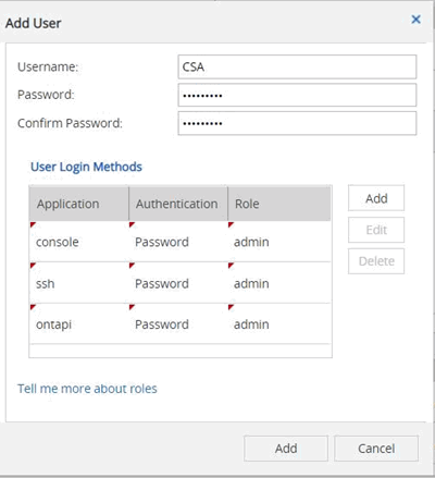 Mostra la schermata Aggiungi utente in Gestione sistema, in cui un nuovo utente ONTAP dispone delle autorizzazioni ssh e ontapi.