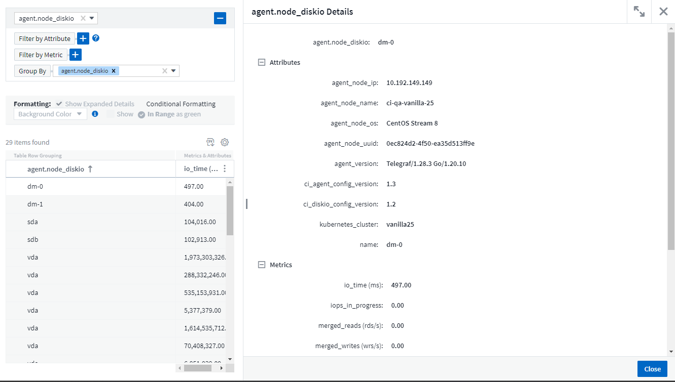 Pannello Slideout per query metriche