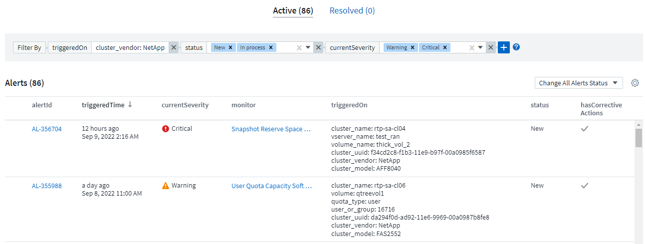 Pagina ONTAP Essentials Networking FC che mostra le porte nei nodi del cluster