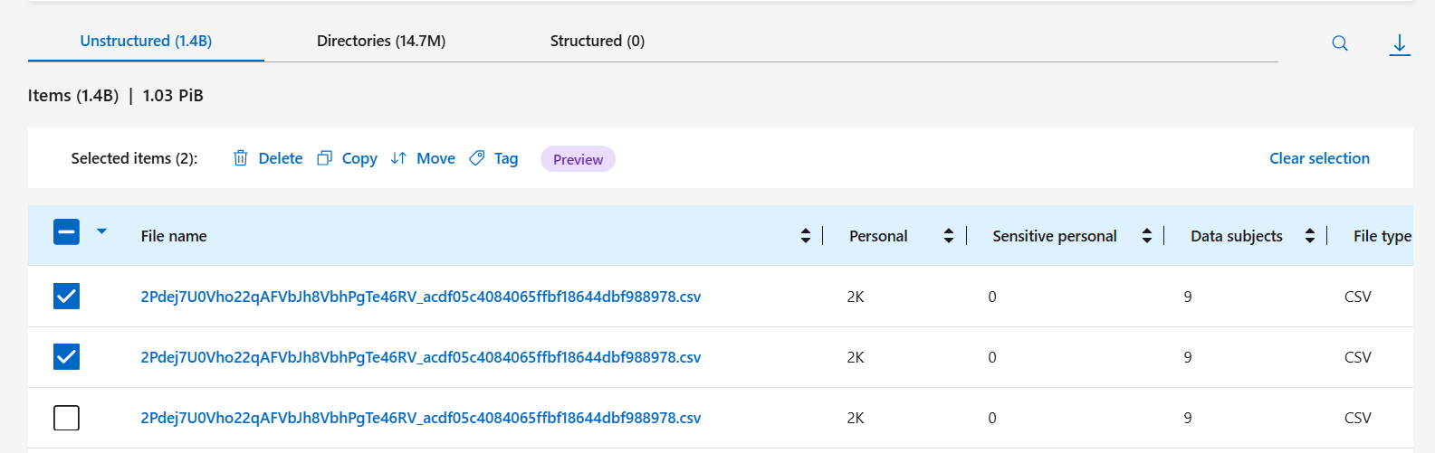 Screenshot delle azioni nella pagina Investigation