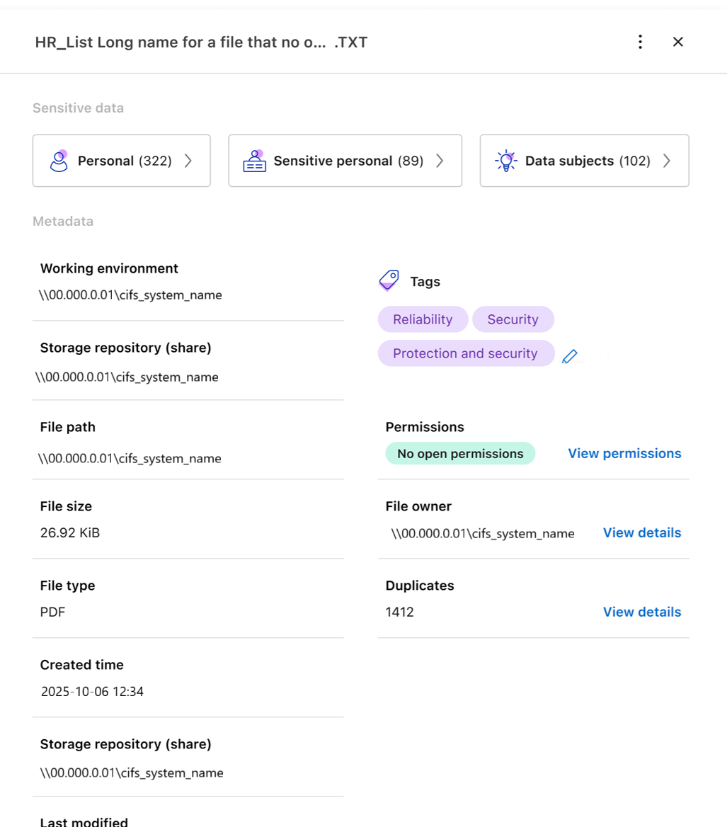 Uno screenshot che mostra i dettagli dei metadati di un file nella pagina Indagine sui dati.