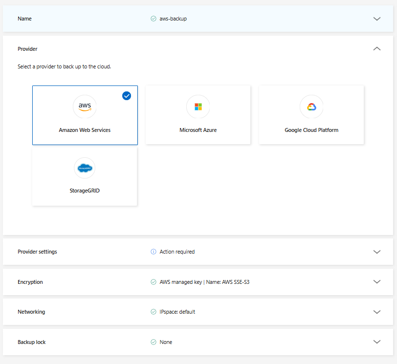 Pagina delle destinazioni di backup