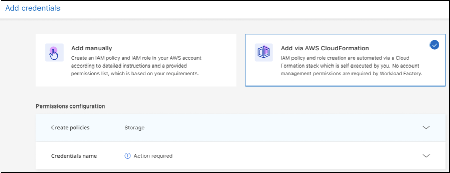 Uno screenshot che mostra gli elementi da definire prima di poter avviare CloudFormation per creare le credenziali.