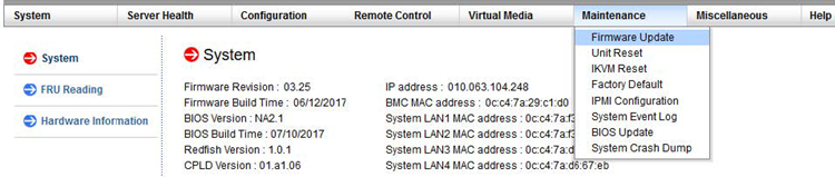 Mostra la navigazione nell'interfaccia utente BMC per gli aggiornamenti del firmware.