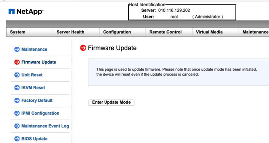Mostra la schermata di aggiornamento del firmware nell'interfaccia utente BMC.