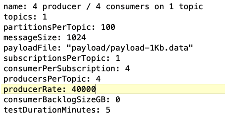 Questa immagine illustra le specifiche selezionate per la configurazione del carico di lavoro del benchmark OpenMessaging.