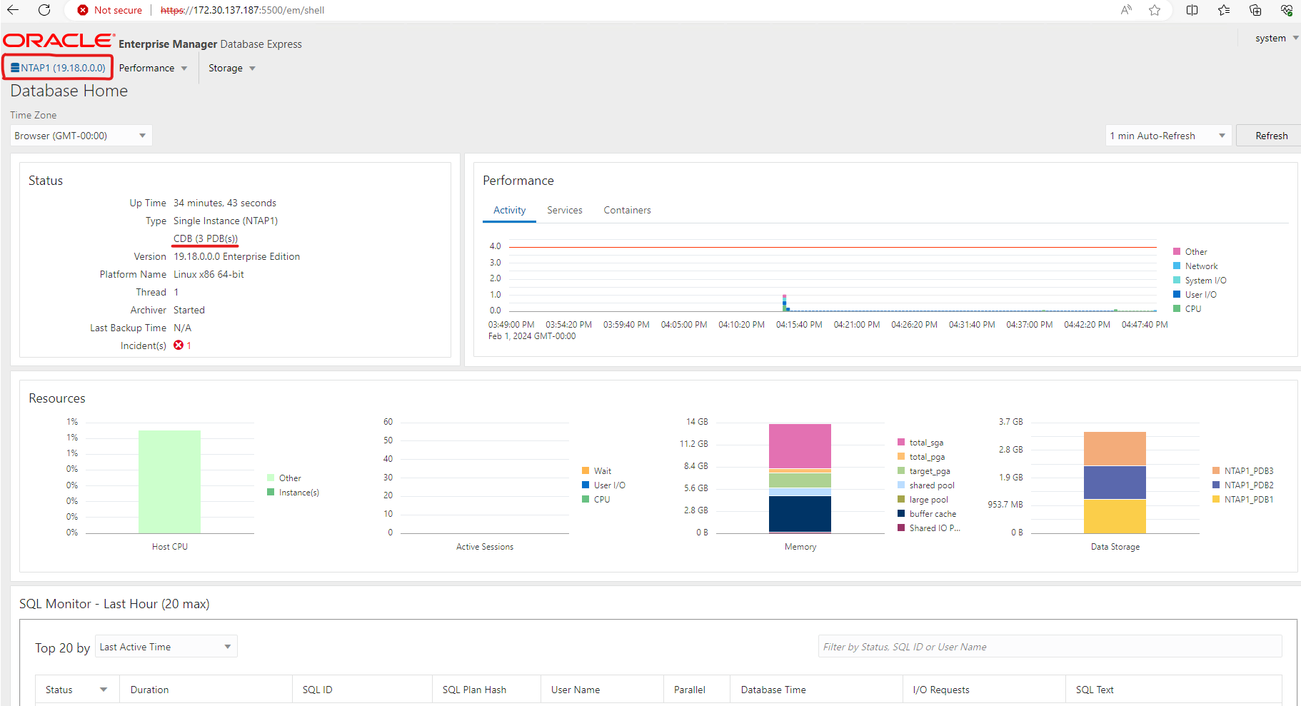 Questa immagine fornisce la vista del database del contenitore da Oracle Enterprise Manager Express