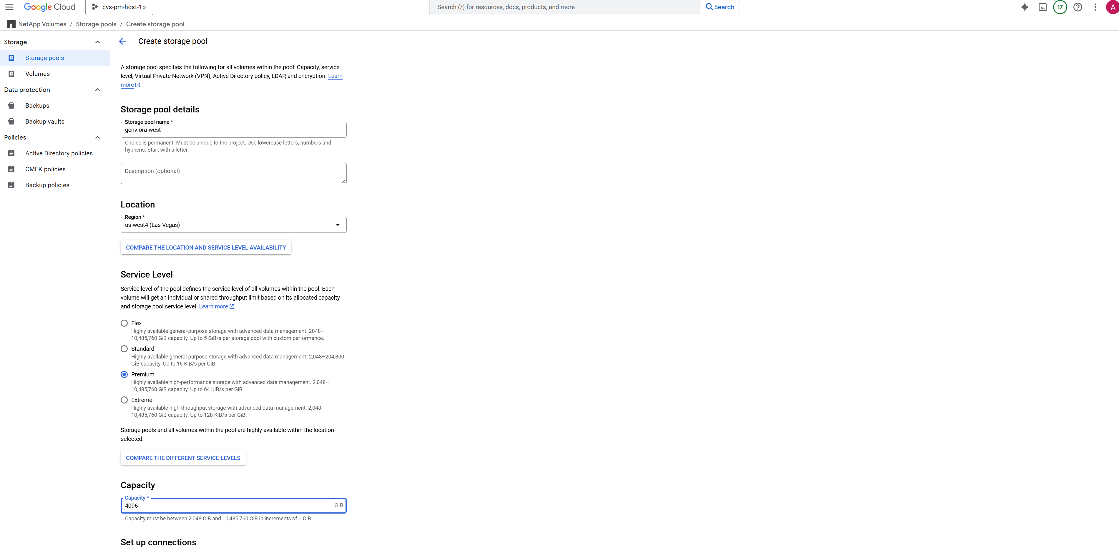 Screenshot che mostra la configurazione dell'ambiente GCNV.