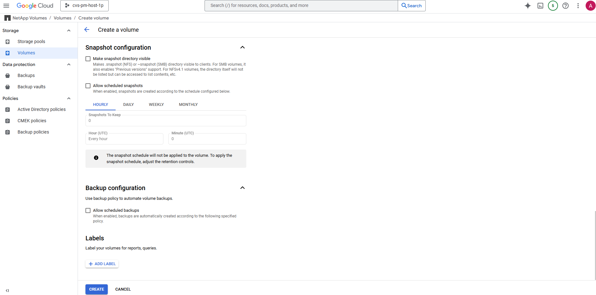 Screenshot che mostra la configurazione dell'ambiente GCNV.