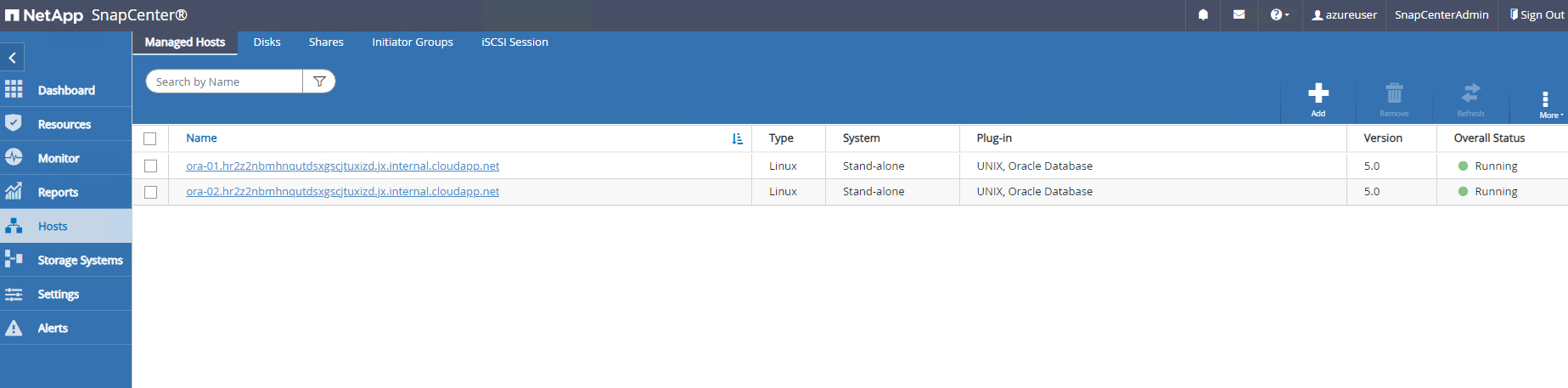 Questa immagine fornisce gli host per il server SnapCenter
