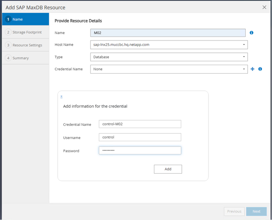 Schermata dell'interfaccia utente Add SAP MaxDB Resource