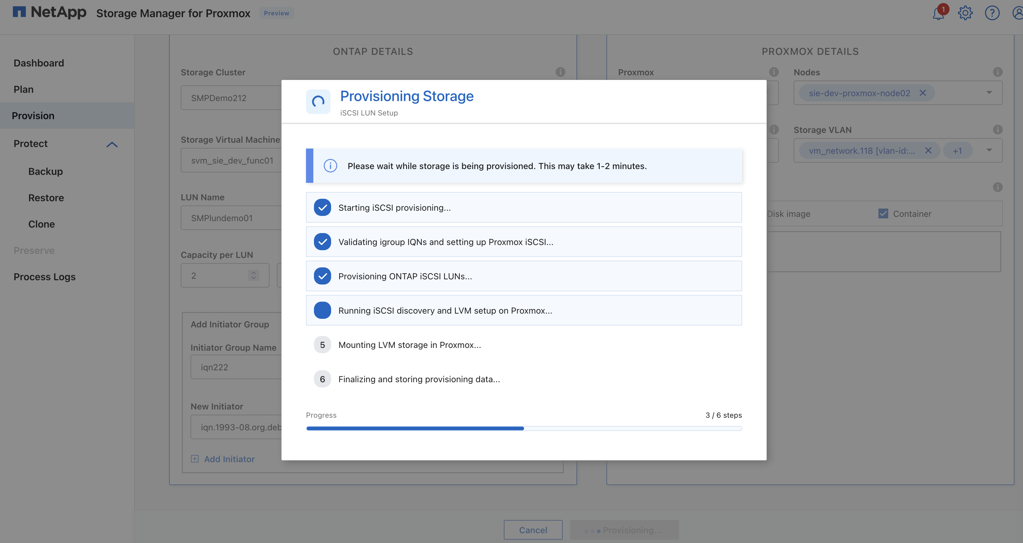Provisioning della LUN iSCSI completato
