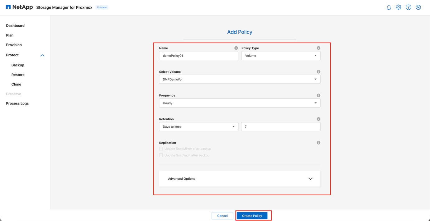 Configurazione della policy di backup che mostra la pianificazione e le impostazioni di conservazione