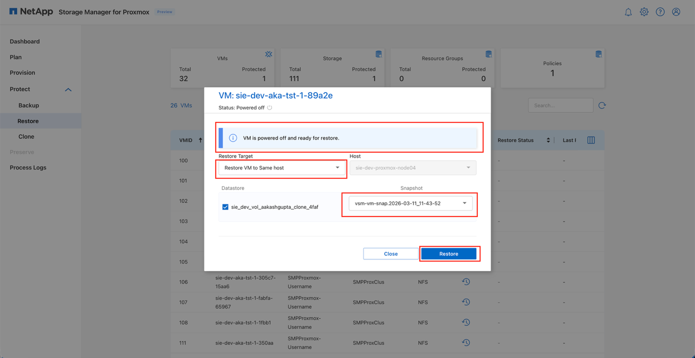 Finestra di dialogo di ripristino che mostra la selezione dello Snapshot per il rispristino point-in-time