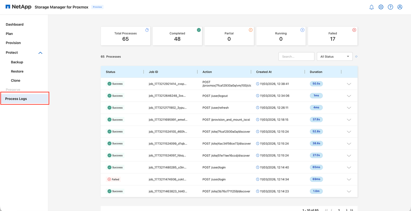 Visualizzazione dei registri di processo che mostra la cronologia dei lavori e lo stato delle operazioni