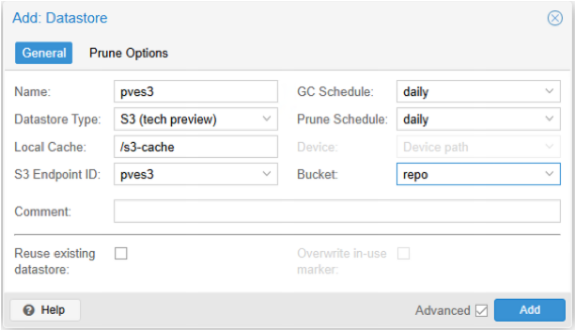 Configurazione del datastore S3 in PBS