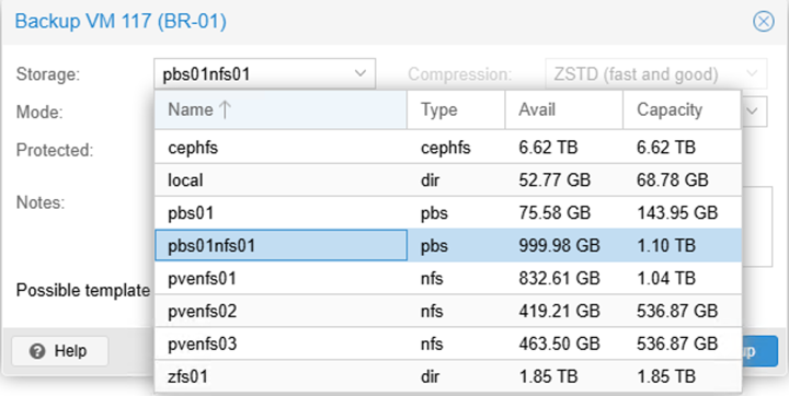 Backup su richiesta selezionando l'archiviazione di destinazione PBS in Proxmox VE