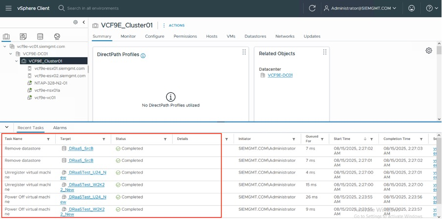 vSphere Client - attività recenti
