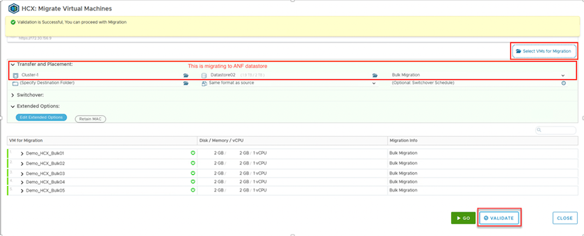 Schermata della sezione trasferimento e posizionamento del client vSphere.