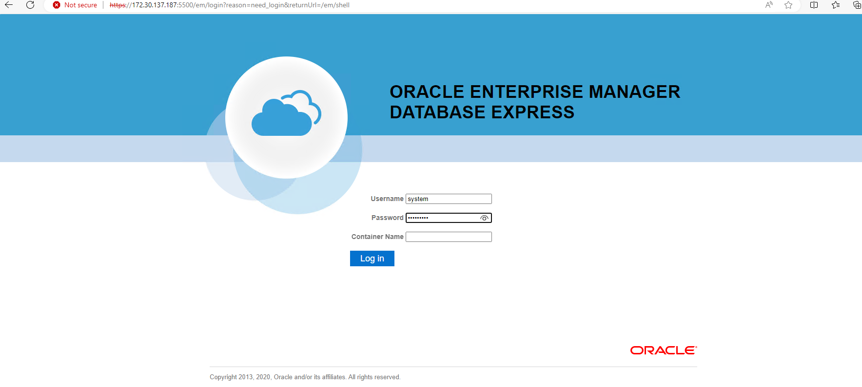 Questa immagine fornisce la schermata di accesso per Oracle Enterprise Manager Express