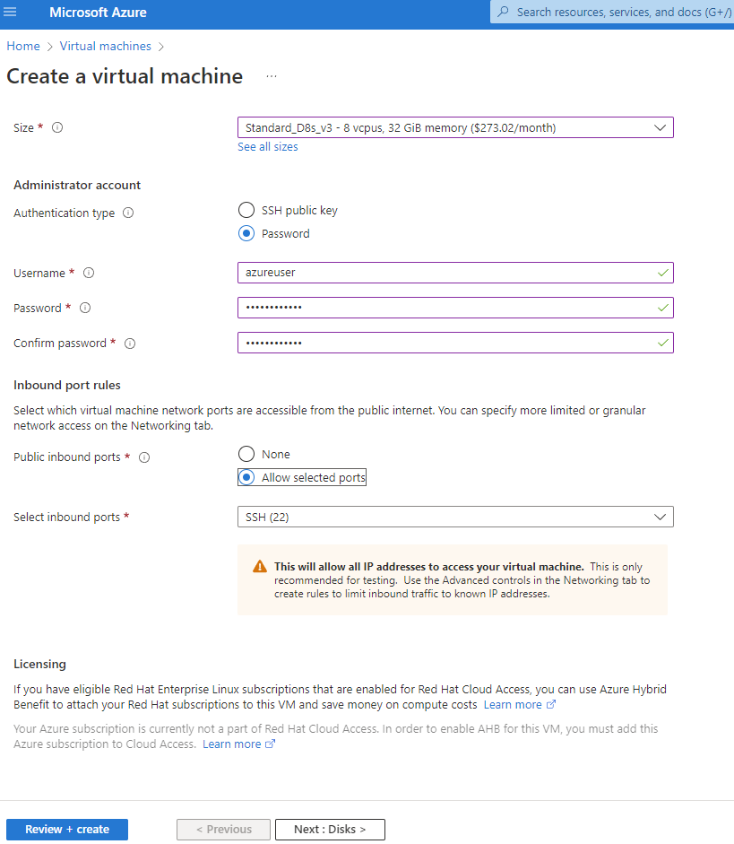 Questa schermata mostra l'input aggiuntivo per la pagina Create a Virtual Machine (Crea una macchina virtuale).