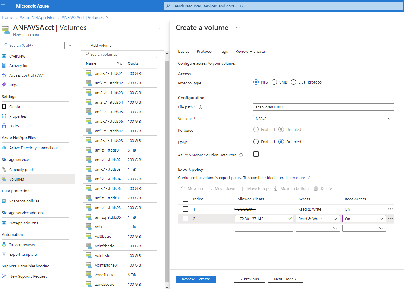 Protocol input (immissione protocollo) nella schermata Volume Creation (creazione volume).