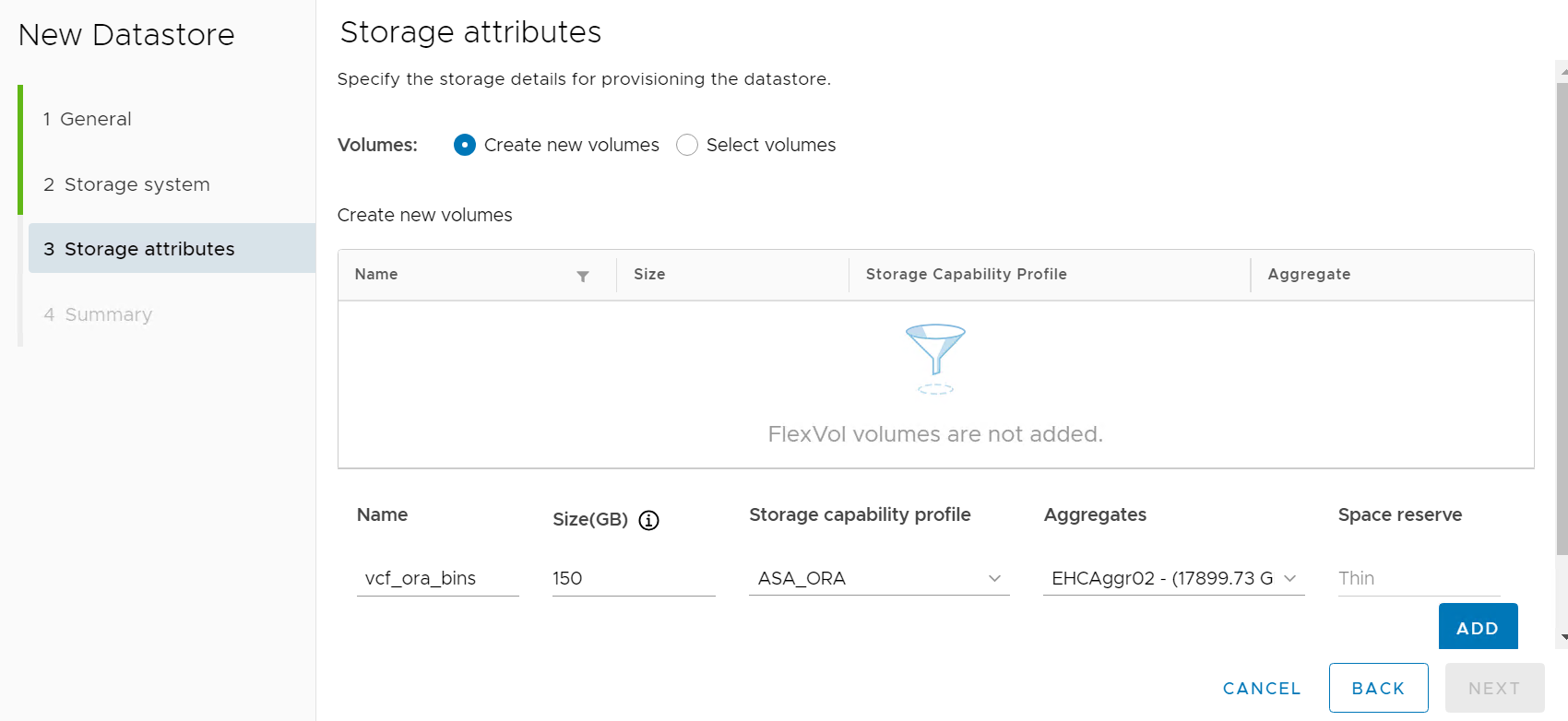 Schermata che mostra la configurazione del datastore vVol.