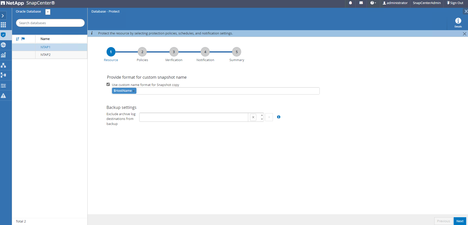 Schermata che mostra la configurazione di SnapCenter.