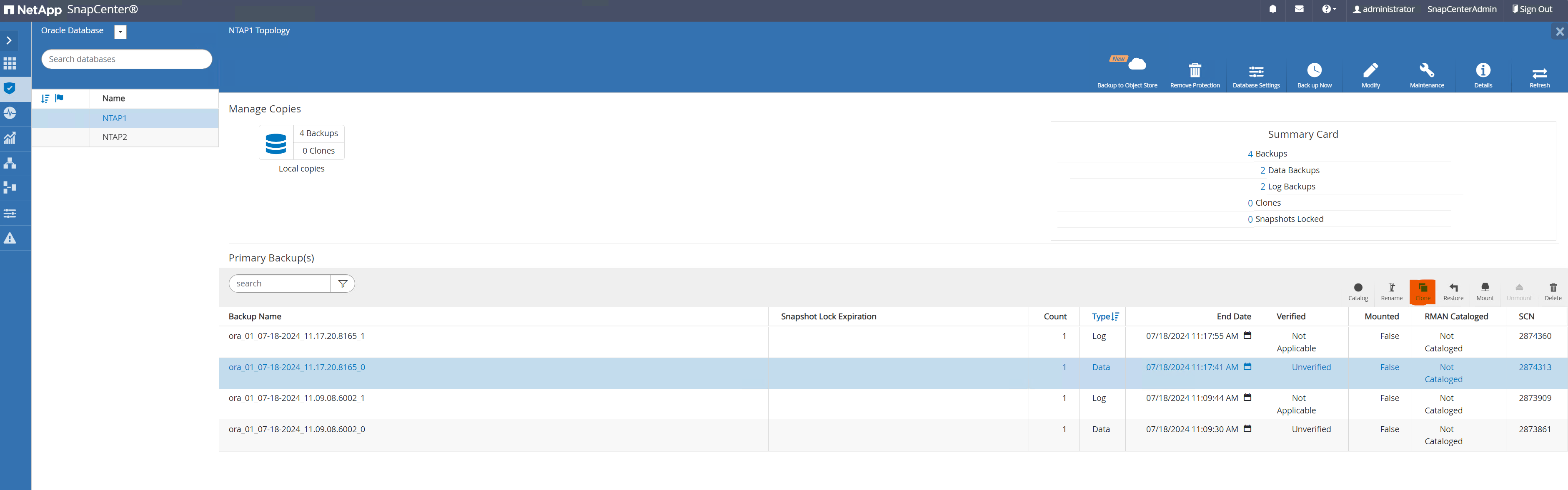 Schermata che mostra la configurazione di SnapCenter.