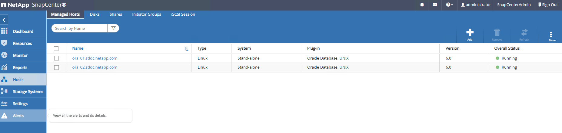 Schermata che mostra la configurazione di SnapCenter.