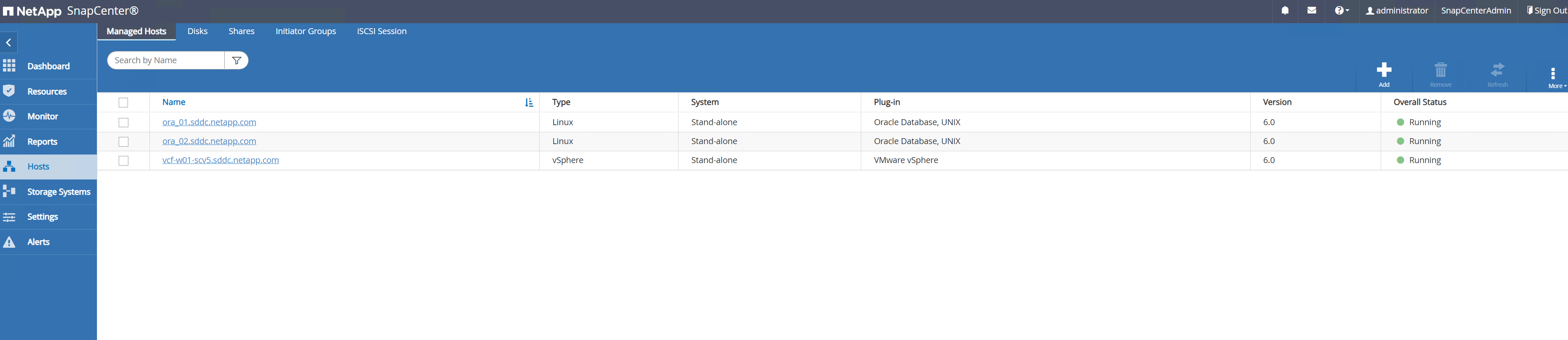 Schermata che mostra la configurazione di SnapCenter.