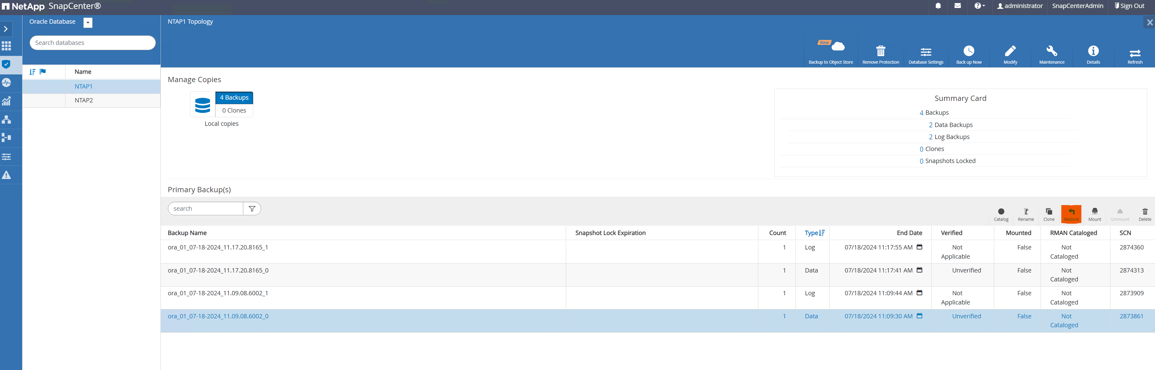 Schermata che mostra la configurazione di SnapCenter.